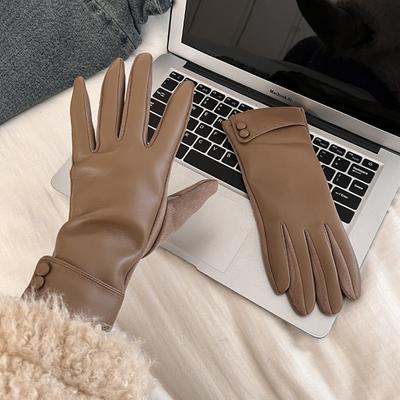 New Leather Gloves Winter Women's Velvet Thickened Warm Windproof Cold Outdoor Riding Driving Five Fingers
