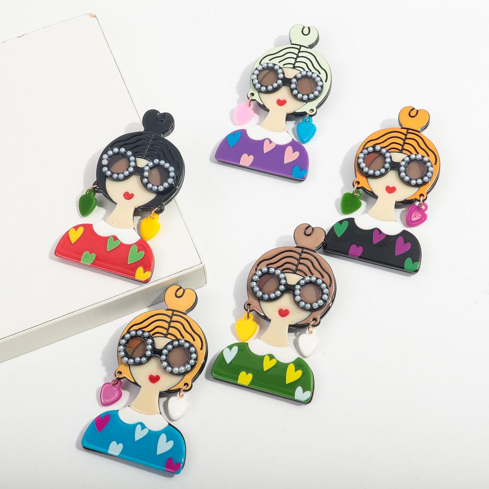 New Cute Girl Figure Acrylic Brooches for Women Spliced Handmade Glasses Lady Badge Lapel Pins Jewelry Clothing Accessories Gift