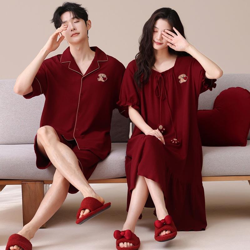 Couple Pajamas Summer Cotton Short-sleeved Nightgown Thin Wedding Wedding Burgundy Festive Natal Year Cotton Suit