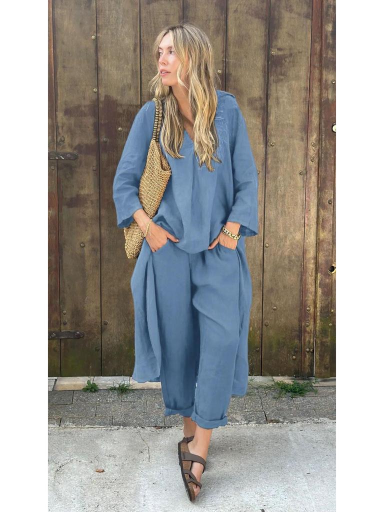 Set da Donna Primavera 2025 Taglie Forti Cotone Lino Set 2 Pezzi: Pantaloni Larghi a Vita Alta & Camicia