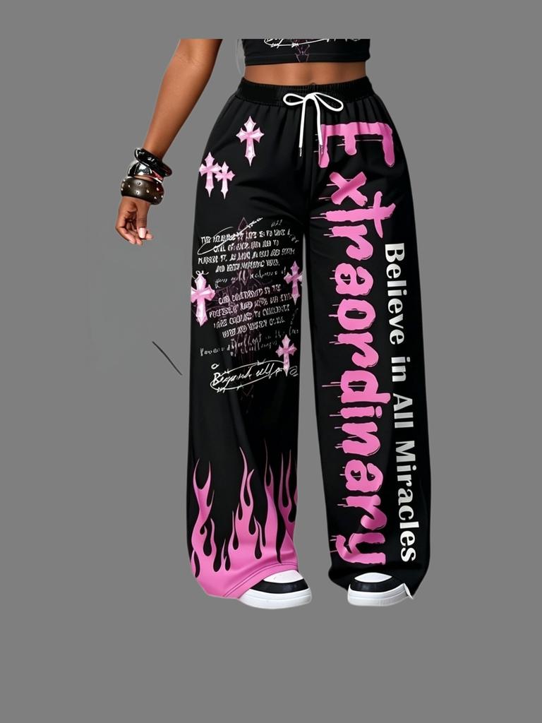 2026 New Model Men Gothic Vertical Graphic Wide Leg Sweatpants Drawstring Loose Straight Baggy Y2K Dark Punk Streetwear Pants.