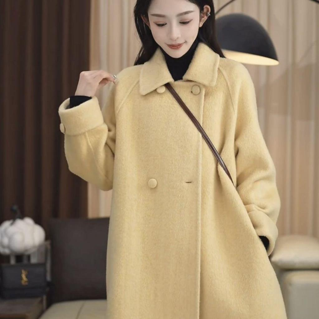 Petite Korean-Style Mid-Length Wool Coat for Autumn and Winter - Loose Fit, Elegant Outerwear 