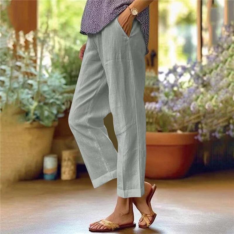Women's Cotton And Linen Plus Size Plus Loose Solid Color Elastic Waist Pocket Straight Casual Pants