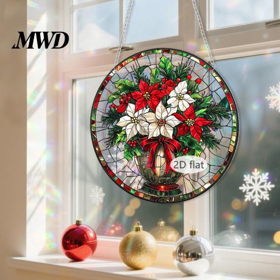 Decorative Chains for Hanging Ornaments Christmas Acrylic Window Decor, 2D Holographic Stained Glass Art Ornament with Metal Chain, Double-sided