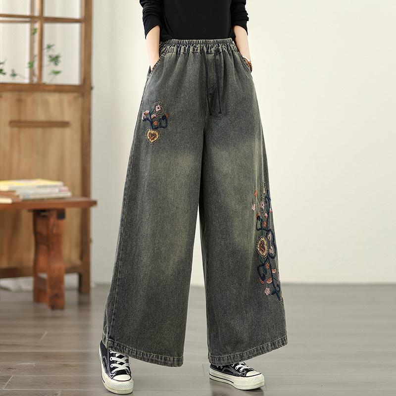 DIMANAF 2025 Plus Size Women Jeans New Long Pants Loose Denim Trousers Big Size Casual Embroidery Floral Autumn