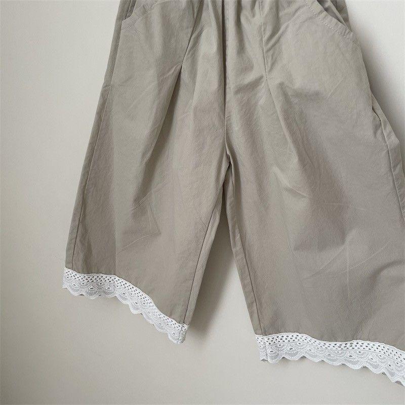 Korean Style Girls' Lace Patchwork Wide Leg Trousers, Spring Fashion, Versatile Straight Leg Pants