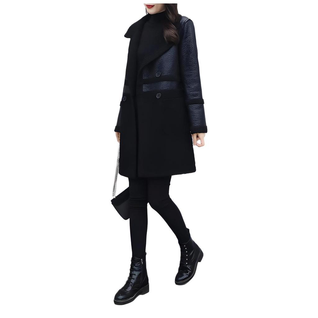 Vintage-Style Women's Mid-Length Leather & Fur Coat - Double-Sided, Fleece-Lined, Spliced Design