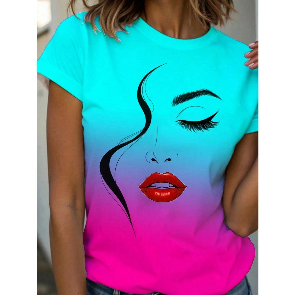Damen T-Shirt Abstraktes Gesicht Linienkunst Grafischer Druck Oberteile Lässig Rundhals Kurzarm T-Shirt Sommer Outdoor Mode Damenbekleidung