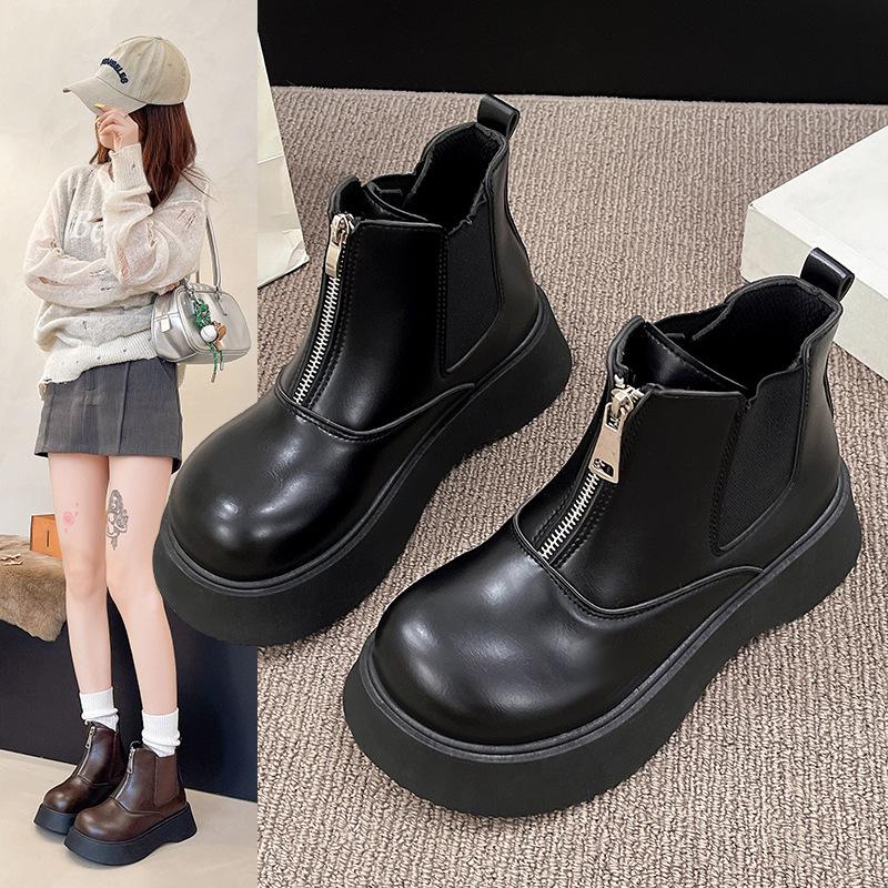 Thick-soled Martin boots women's autumn retro versatile Chelsea short boots zipper heightening thin boots