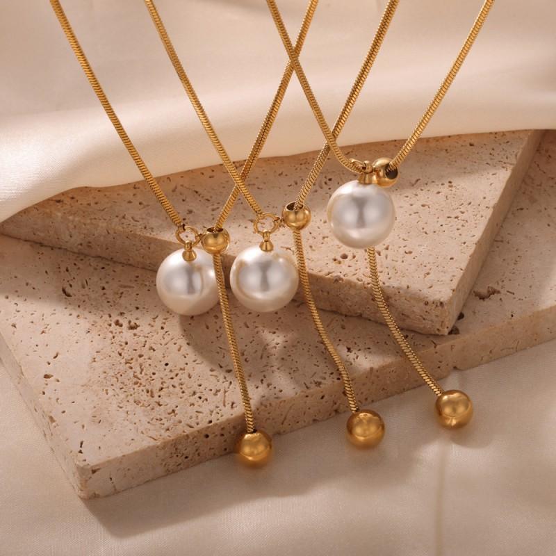 French Minimalist Style Pearl Pendant Necklace Titanium Steel Snake Chain Adjustable Women