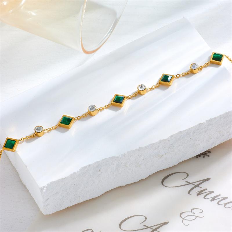 Gold Square Green Crystalv Clear Zircon Bracelet – Minimalist Elegant Jewelry, Growth Confidence Gift for Women