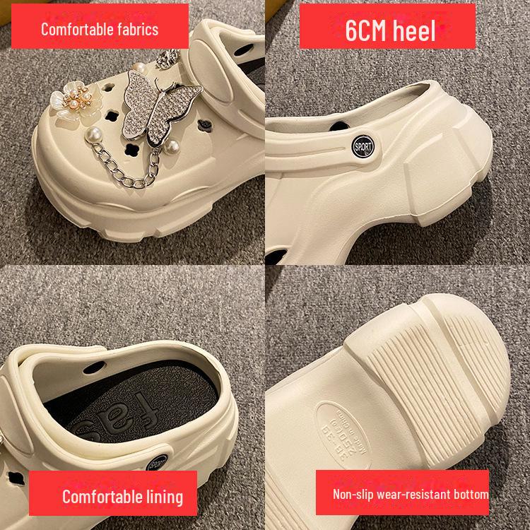 Women's Summer Platform Sandals: Closed-Toe Slippers with Thick Soles, Pearl Rhinestones, Chain Accents.