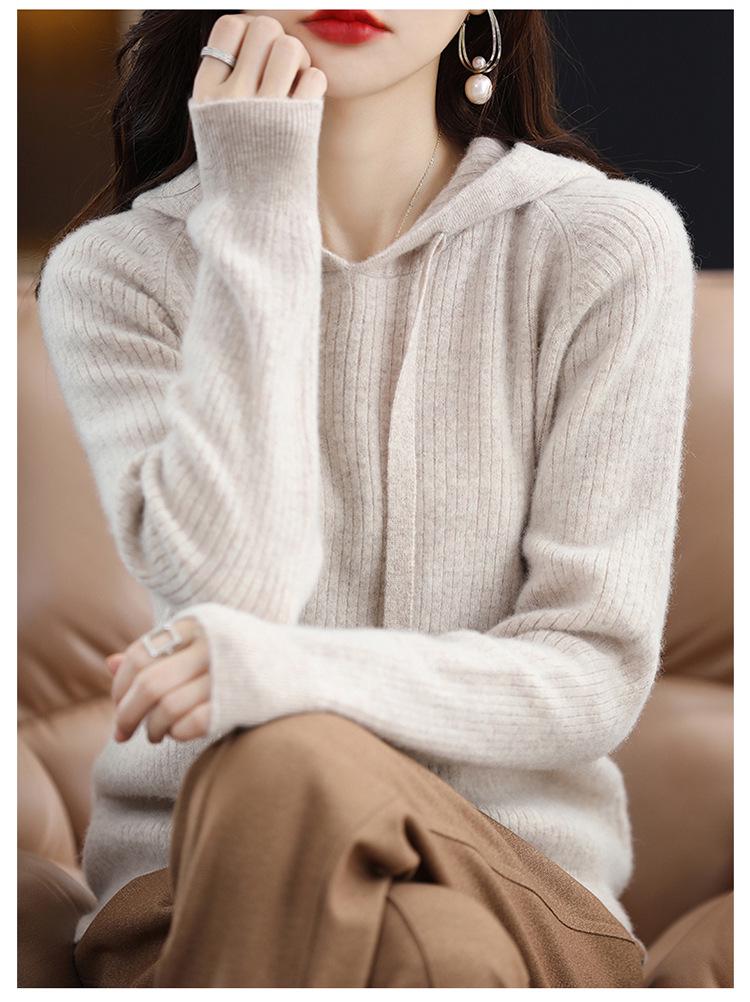 Women's 100% Cashmere Wool Hooded Sweater: Cozy Autumn/Winter Knitwear with Large Hood, Plus Size Options Available.