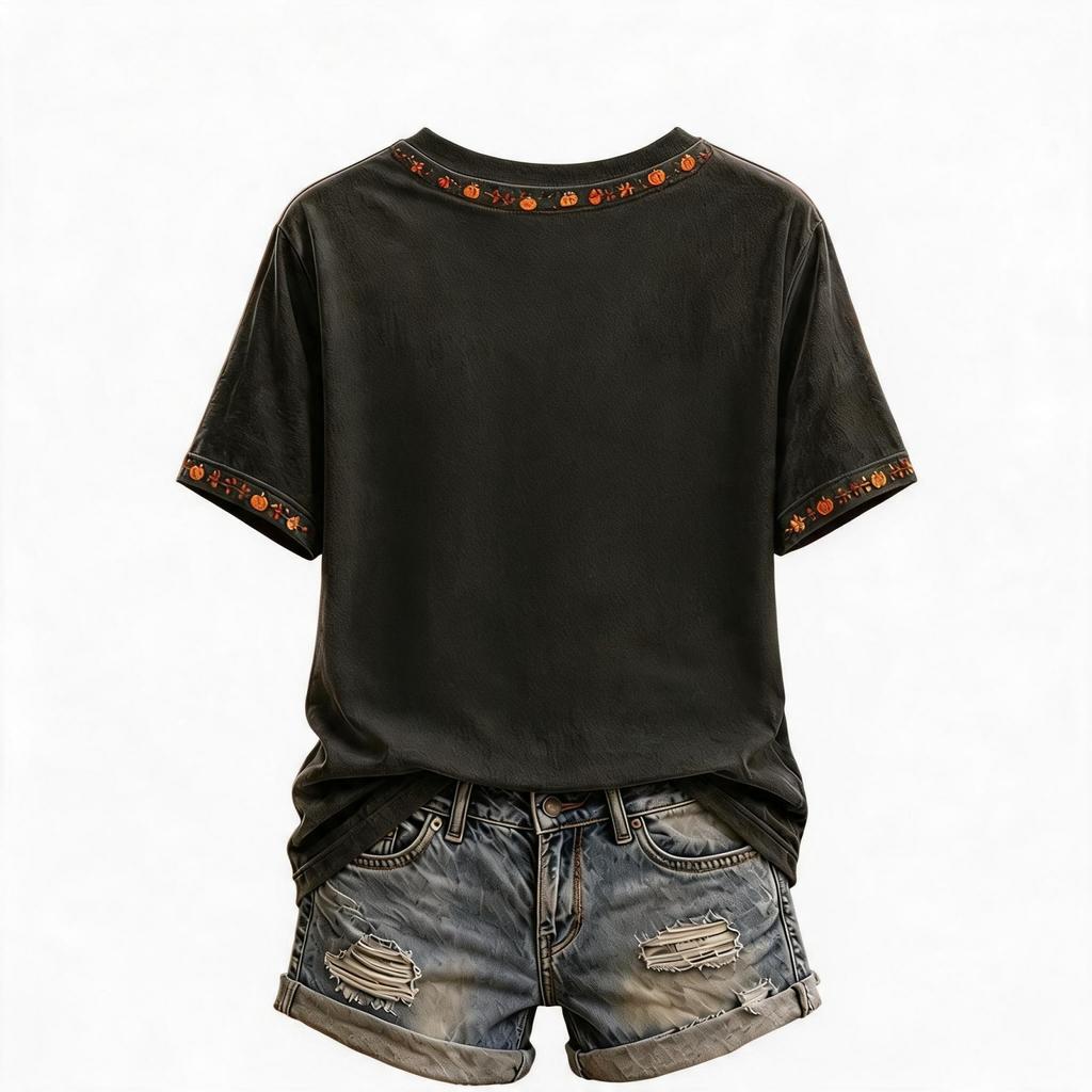 Damski casualowy T-shirt z dekoltem V i krótkim rękawem jesienna moda top