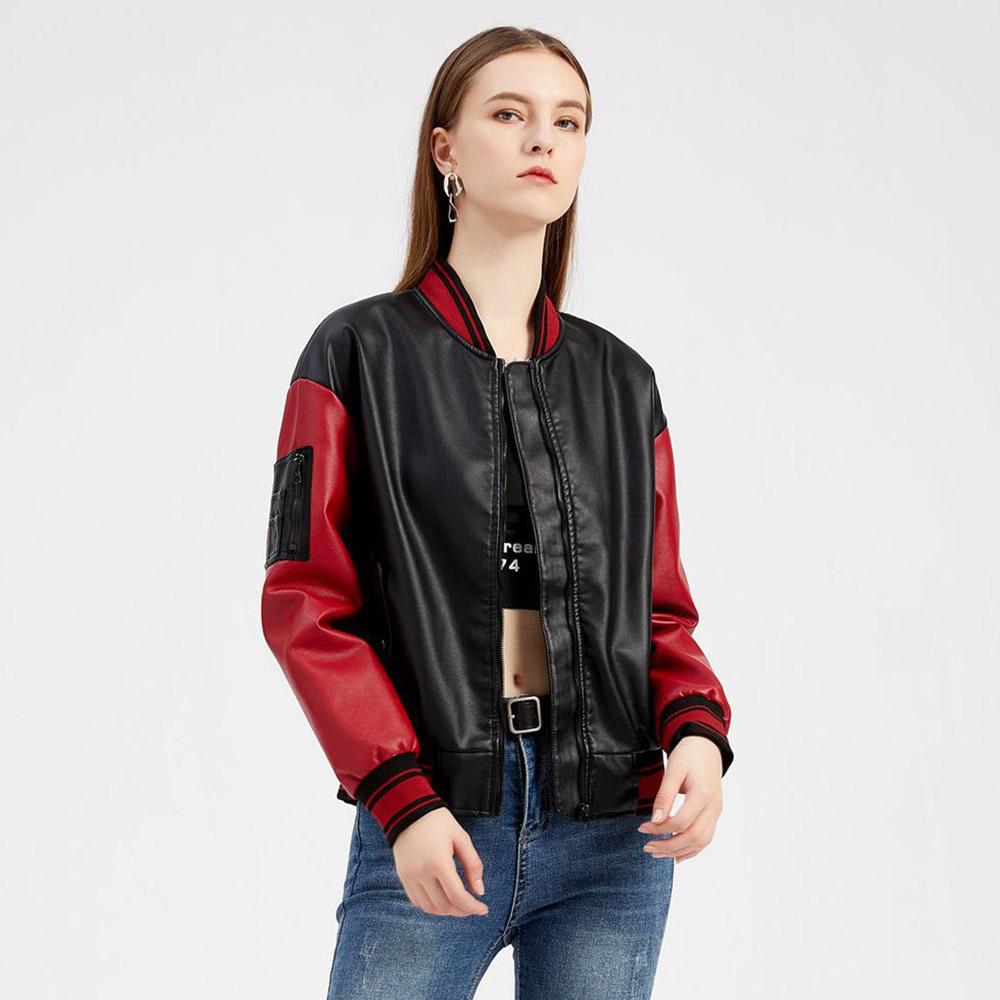 

Женская весна-осень с круглым вырезом, цветная вставка, повседневная бейсбольная форма, свободная кожаная куртка из искусственной кожи, S-3XL