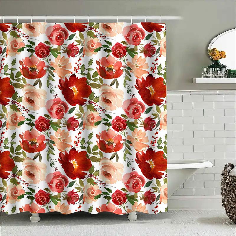 Bath Shower Curtain Flowers Waterproof White Red Pink Home Decor Indoor Bathroom Shower Room Decoration Wall Hanging
