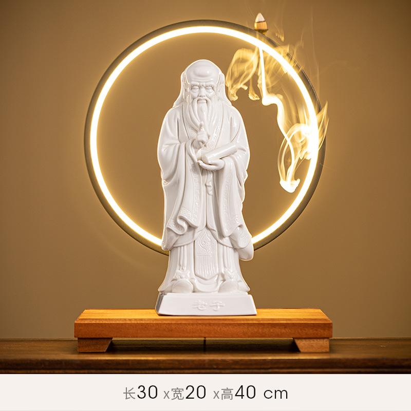 Chinesisches Feng Shui zeigt eine Statue von Laozi und Konfuzius, eine Skulptur aus weißem Porzellan, eine Schreibtischdekoration, eine Statue von Co
