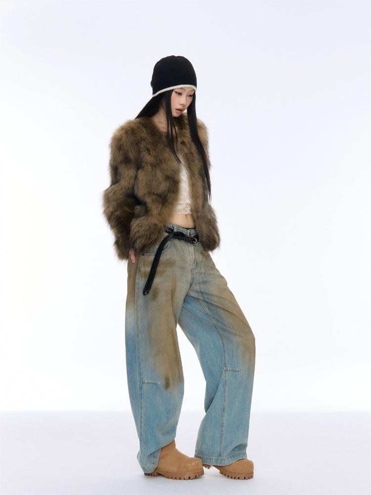 Damen Y2K Retro Weitbeinige Abgewetzte Jeans in Schmutzigem Waschblau