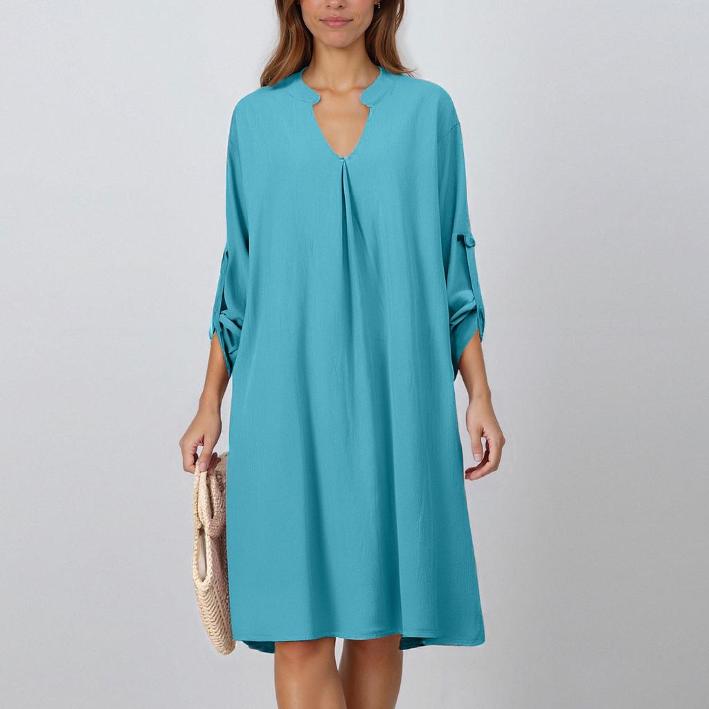 Women's Cotton Linen Casual V-Neck Discount Long Sleeve Dresses