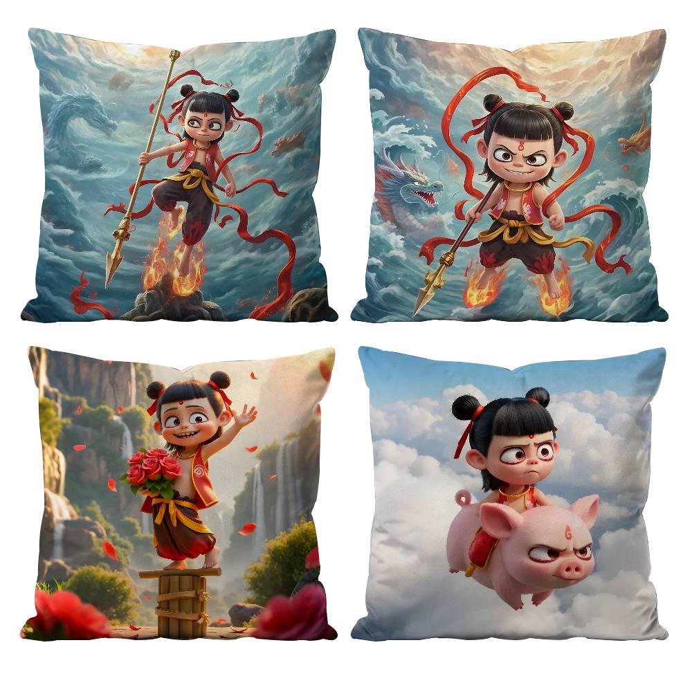 Chinese Anim Nezha Pillow Case Printed Pillowcase for Living Room Sofa Cushion Cover & Bedroom Decor