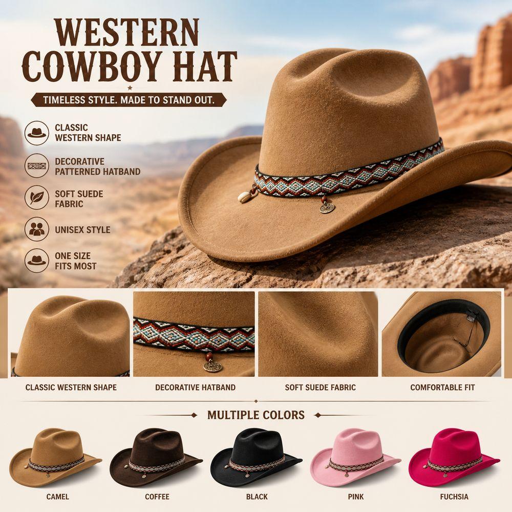 Wide Curved Brim Suede Cowboy Hat Suede Fabric Wide Brim Cowboy Hat New Cowgirl Hat Women and Men