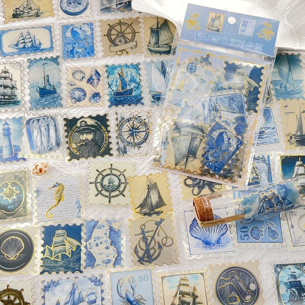 50 Pieces of Gold-stamped Handbill Stickers and Blue Vintage Nautical Postage Stamp Stickers