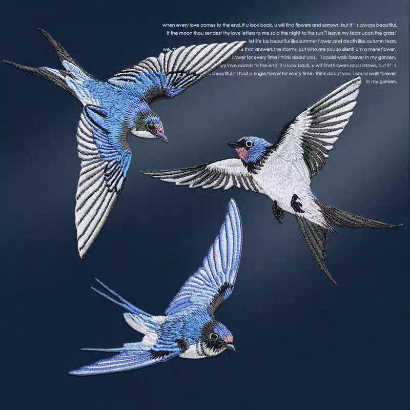 1Pair Blue Swallow Embroidery Patch Multi-Pose Symmetrical Design Iron On Applique For Clothing Hole Repair