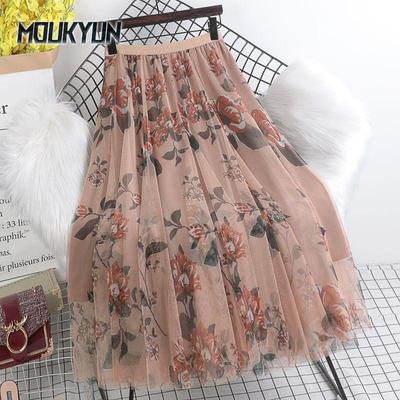 Frühlings-Langer Rock Damen Elastischer Hoher Bund Koreanischer Vintage A-Linien Blumenröcke Vielseitige Lässige Lockere Schirmröcke