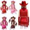 Conjunto de Baile Latino Occidental para Niñas Top sin Mangas con Flecos de Pedrería con Falda Guantes Sombrero Pañuelo para Escenario Recital Fiesta Temática