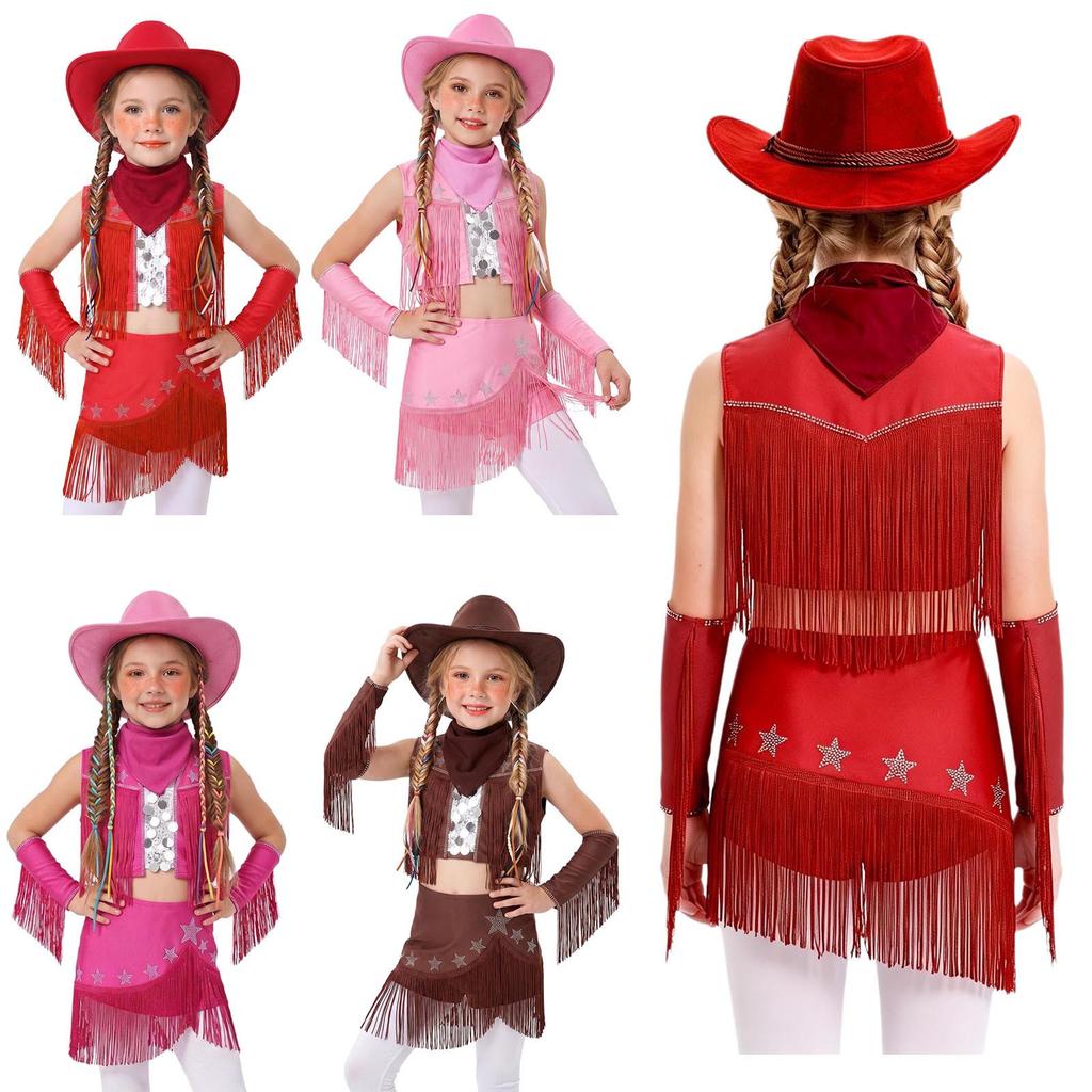 Conjunto de Baile Latino Occidental para Niñas Top sin Mangas con Flecos de Pedrería con Falda Guantes Sombrero Pañuelo para Escenario Recital Fiesta Temática