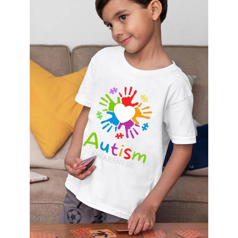 European Size Childrens Autism Awareness T Shirt Suitable for Boys and Girls Puzzle Pieces and Rainbow Handprint Design Short Sleeved Casual Shirt