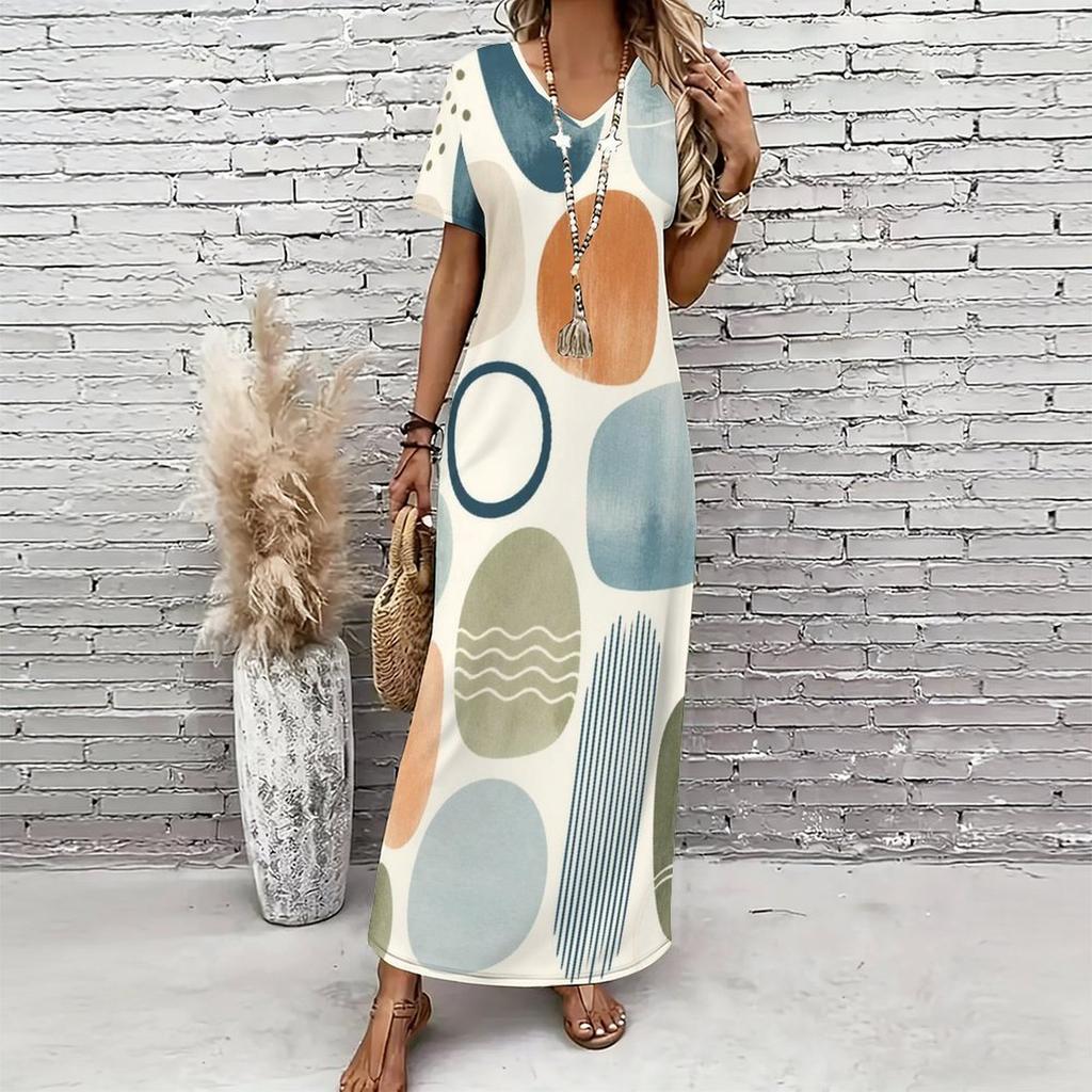 Women Plus Size V Neck Short Sleeve Plaid Printed Orange Long Dress