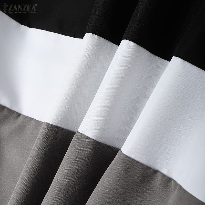 ZANZEA Women Round Neck Long Sleeve Loose Casual Patchwork Long Dress