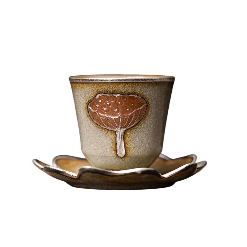 Ice Flower Glaze Gilt Silver Lotus Flower Tasting Tea Cup Coaster Tea Cup Ceramic Cup Holder Home Kung Fu Tea Set