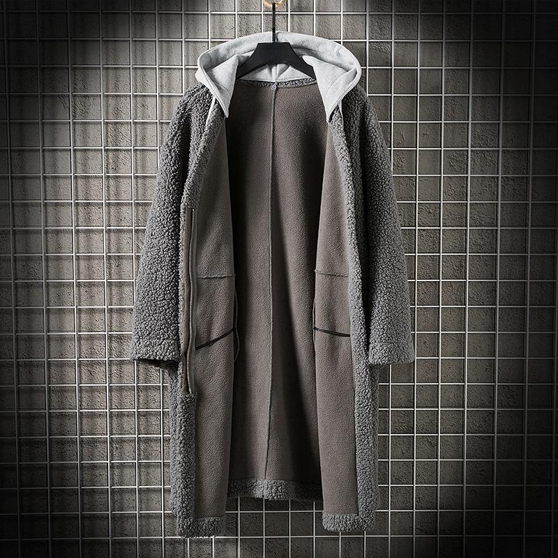 Herbst Winterlamm Wolle Mäntel Männer Mit Kapuze Lange Jacken Mode Beiläufige Lose Oberbekleidung Einfarbig Streetwear