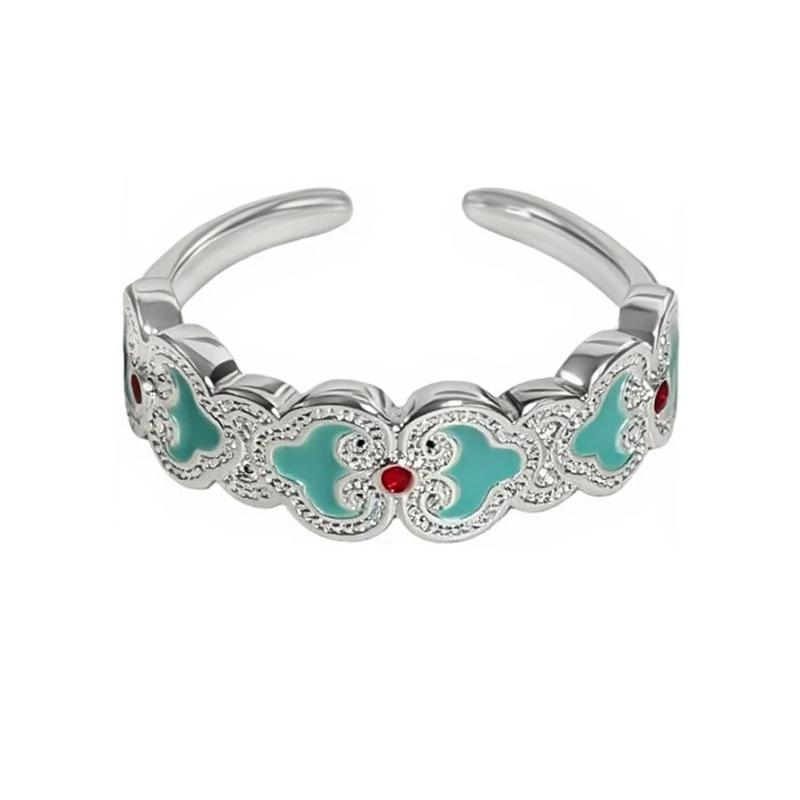 Ethnisch Stil Emaille Meeresblau Tropföl Blume Öffnungsring Damen Nische Leichter Luxus Exquisit Stapelring