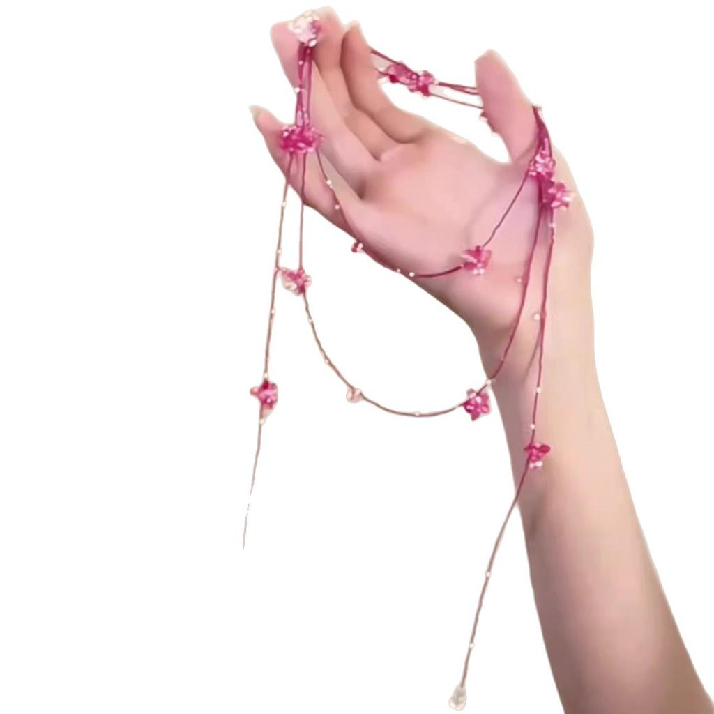 "Spring Cherry Sweet Dream" Sweet Rose Pink Flower Bead String Necklace Super Immortal Delicate White Multi-layer Stacked Clavicle Chain