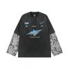 Mens 2026 American Street Racing Washed Distressed Fake Two-Piece Long Sleeve T-Shirt Black Cartoon Print Loose Fit Teens