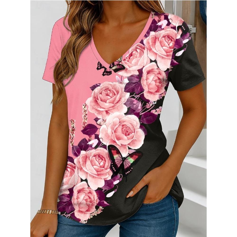 Camiseta de Verano para Mujer Estampado de Flores Retro Manga Corta Camisetas Casuales Tops Estampados