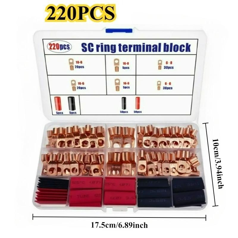 60/100/220pcs Copper Terminal Connectors, AWG 4 6 8 10 12 Ring Lug Kit With Shrink Tubing 50 Battery Cable Lugs With Shrink