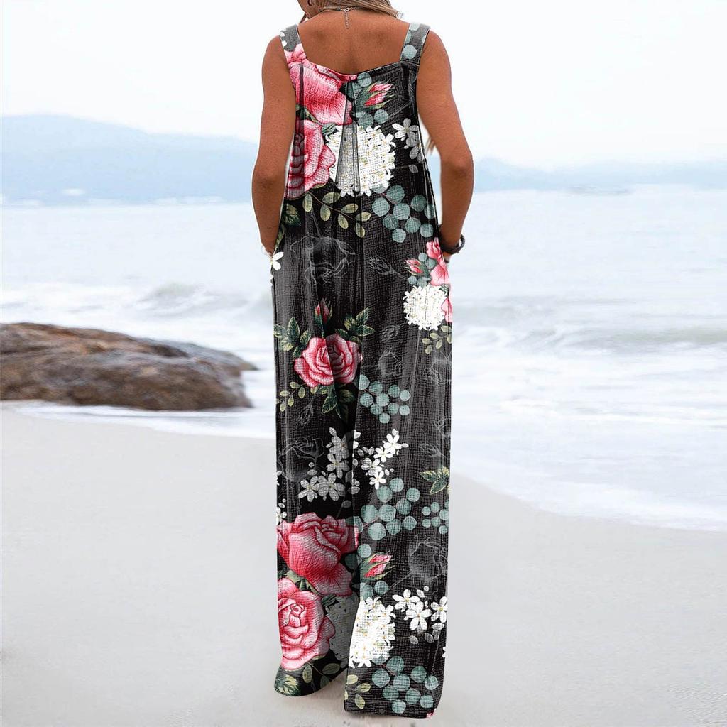 Wide Leg Overalls For Women Casual Loose Sleeveless Jumpsuits Retro Print Button Long Pant Romper Jumpsuit With Pockets
