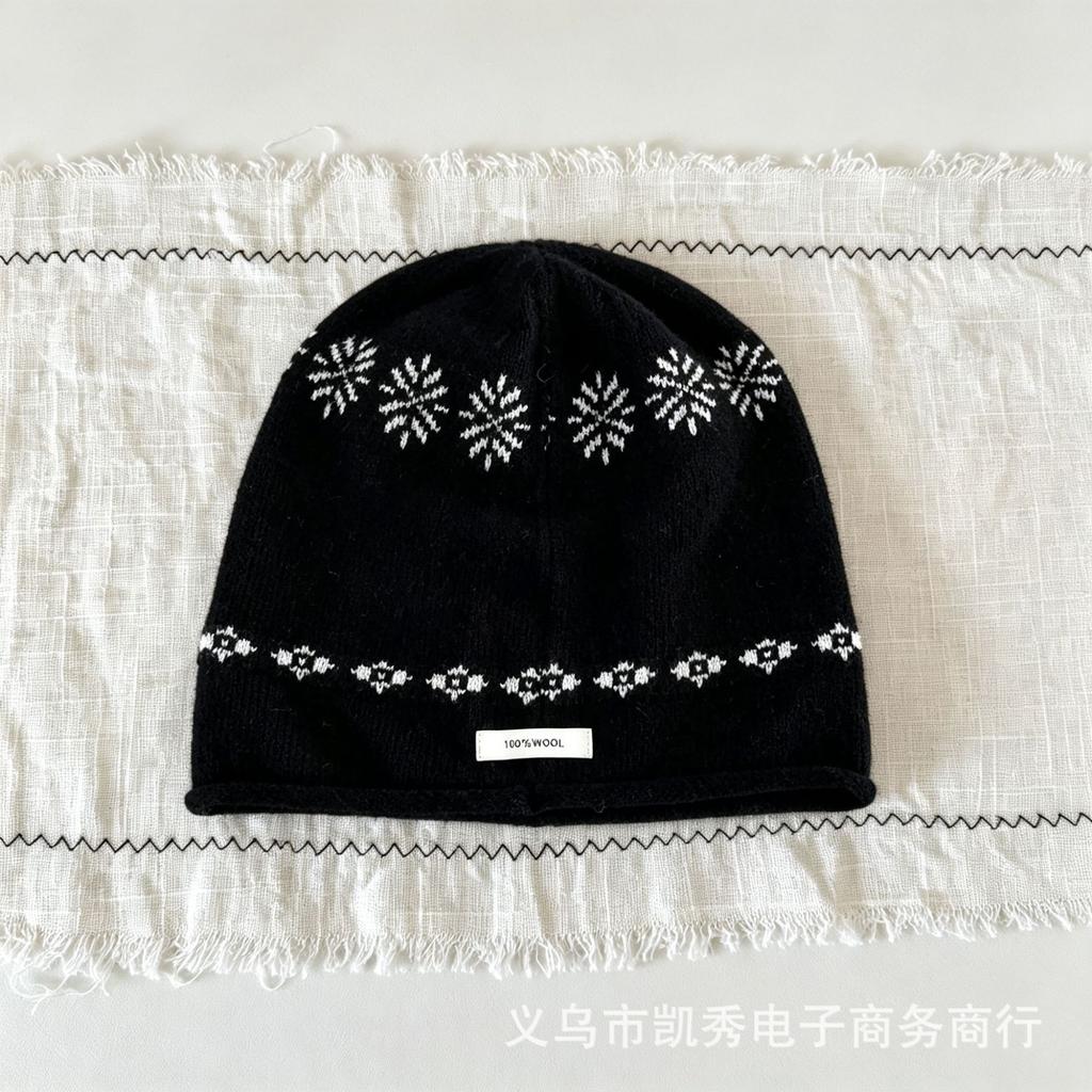 Fair Island Snowflake Jacquard Knitted Hat Children's Autumn and Winter New% Pure Wool Curled Head Cold Hat Stacking Hat