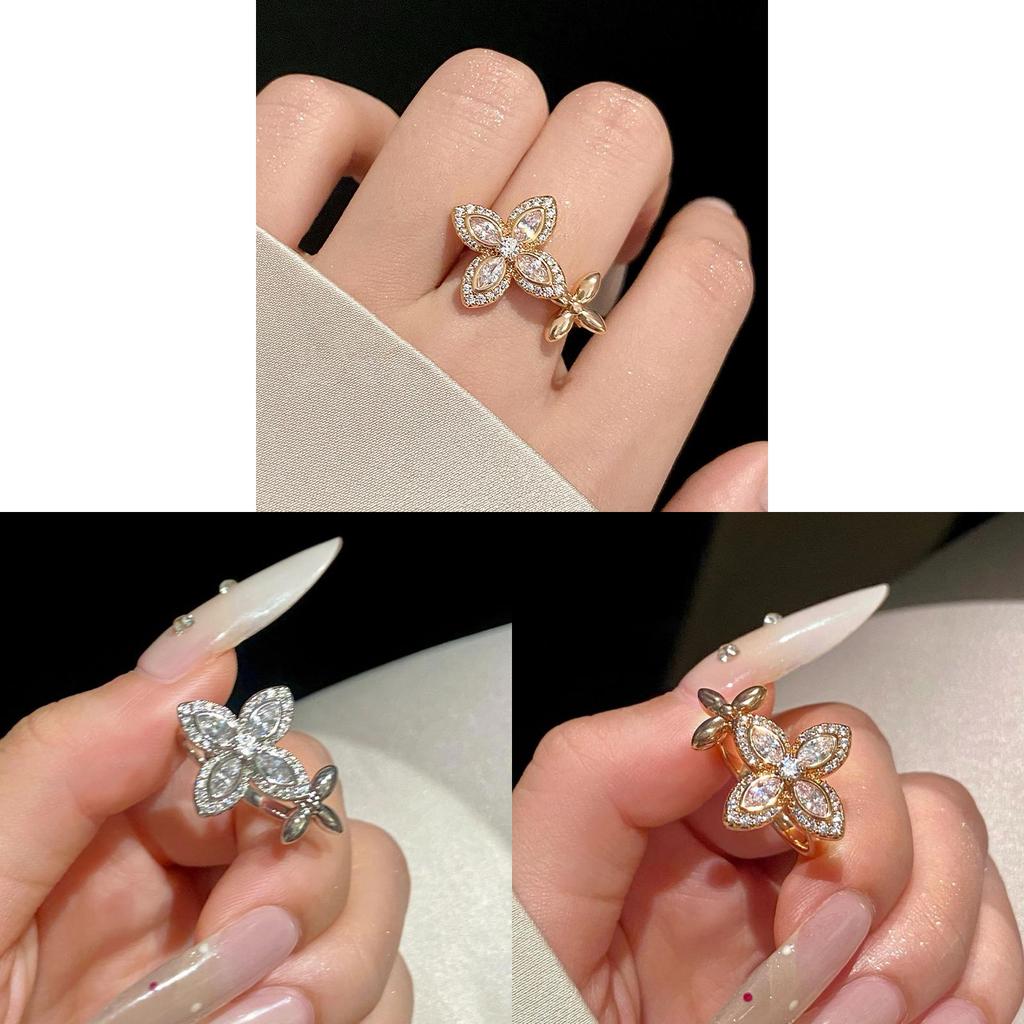 Lucky Clover Open Ring With Zirconia Flower Design For Women Fashion Jewelry