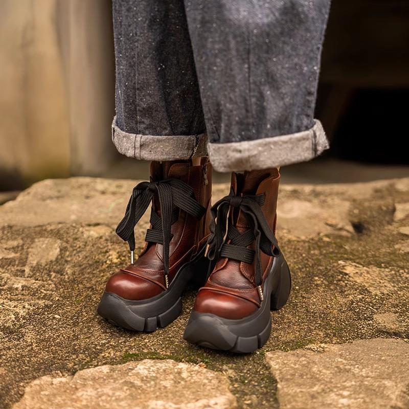 Fashion GKTINOO Retro Thick Soled Short Boots 2025 Autumn Winter New Genuine Leather Round Toe Solid Color Versatile Platform Shoes