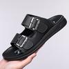 Fashion Double Buckle Designer Leather Slippers for Men Summer New Fashion Casual Dress Slipper  Man Soft-soled Breathable Beach Shoes