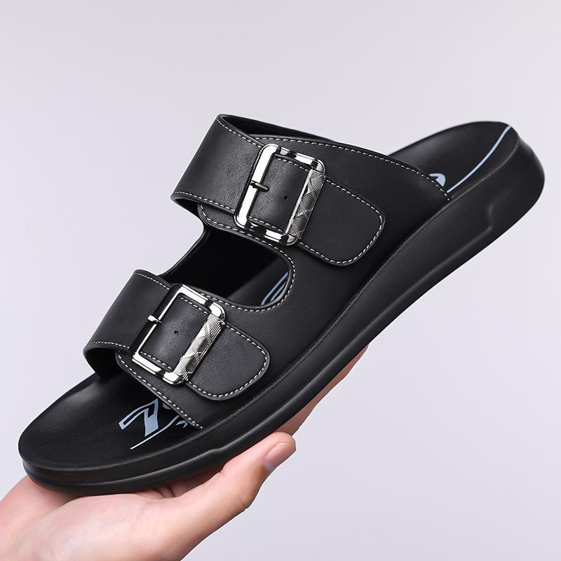 Fashion Double Buckle Designer Leather Slippers for Men Summer New Fashion Casual Dress Slipper Man Soft-soled Breathable Beach Shoes