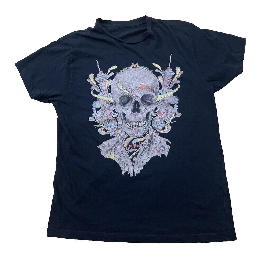 LAS VEGAS Skull Goth Shirt Adult L Black Colorful Y2k Aero Graphic Tee Large