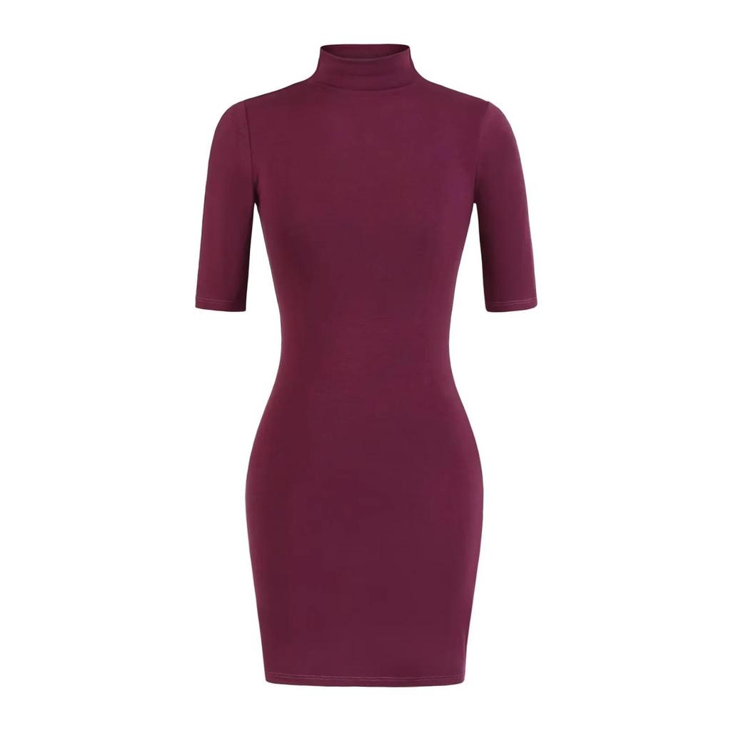 Pure Desire High Neck Slim Fit Mid-Sleeve Dress for Women – Waist-Cinched Hip-Hugging Skirt