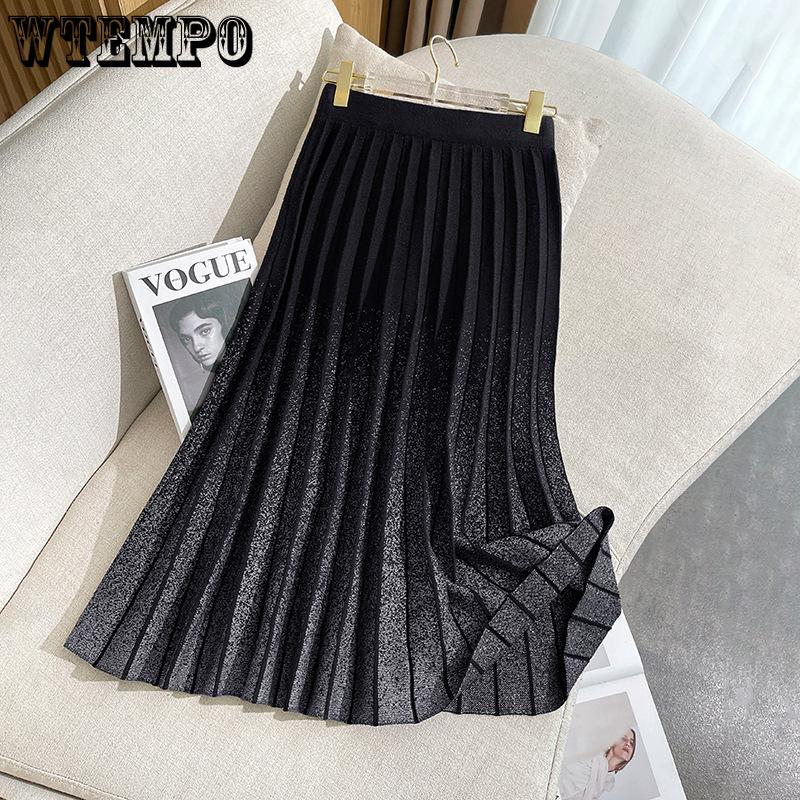 Autumn and Winter Mid Length Knitted Pleated Skirt with Elastic Waist Gradient Skirt