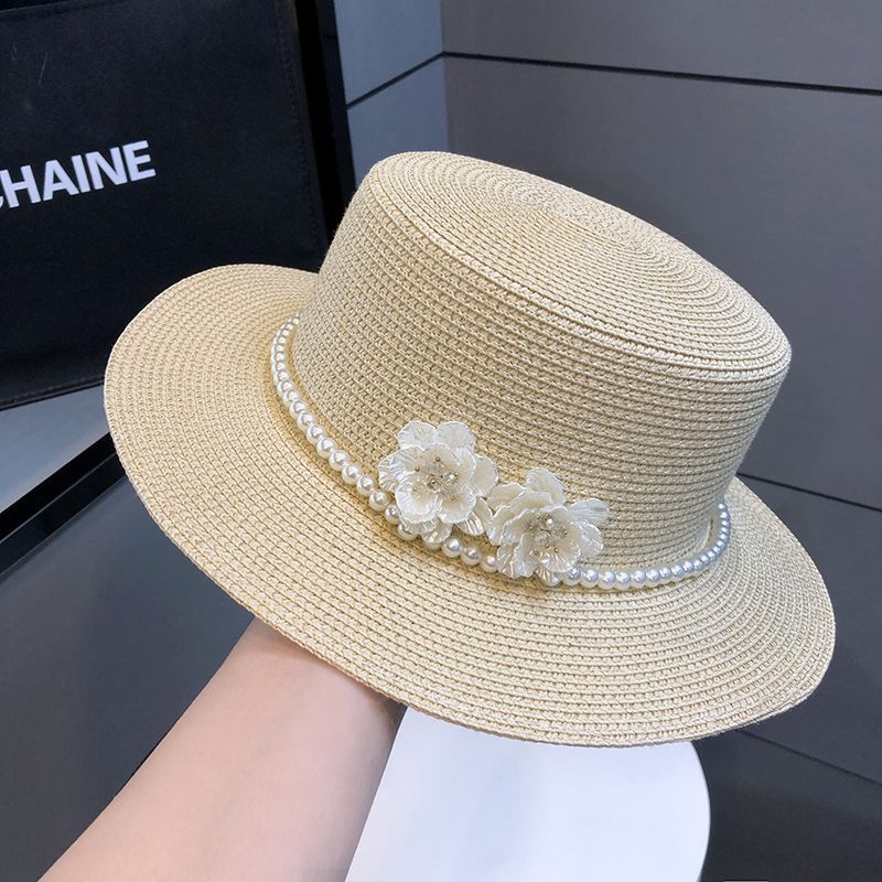 French British Retro Pearl Flat Top Straw Hat for Women, Elegant Wide Brim Summer Sun Cap, Beach Vacation UV Protection